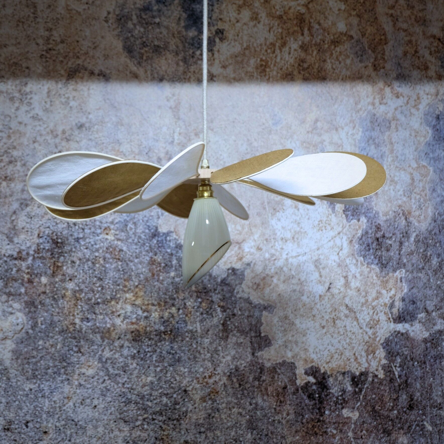Linen suspension, rattan and vintage old globe
