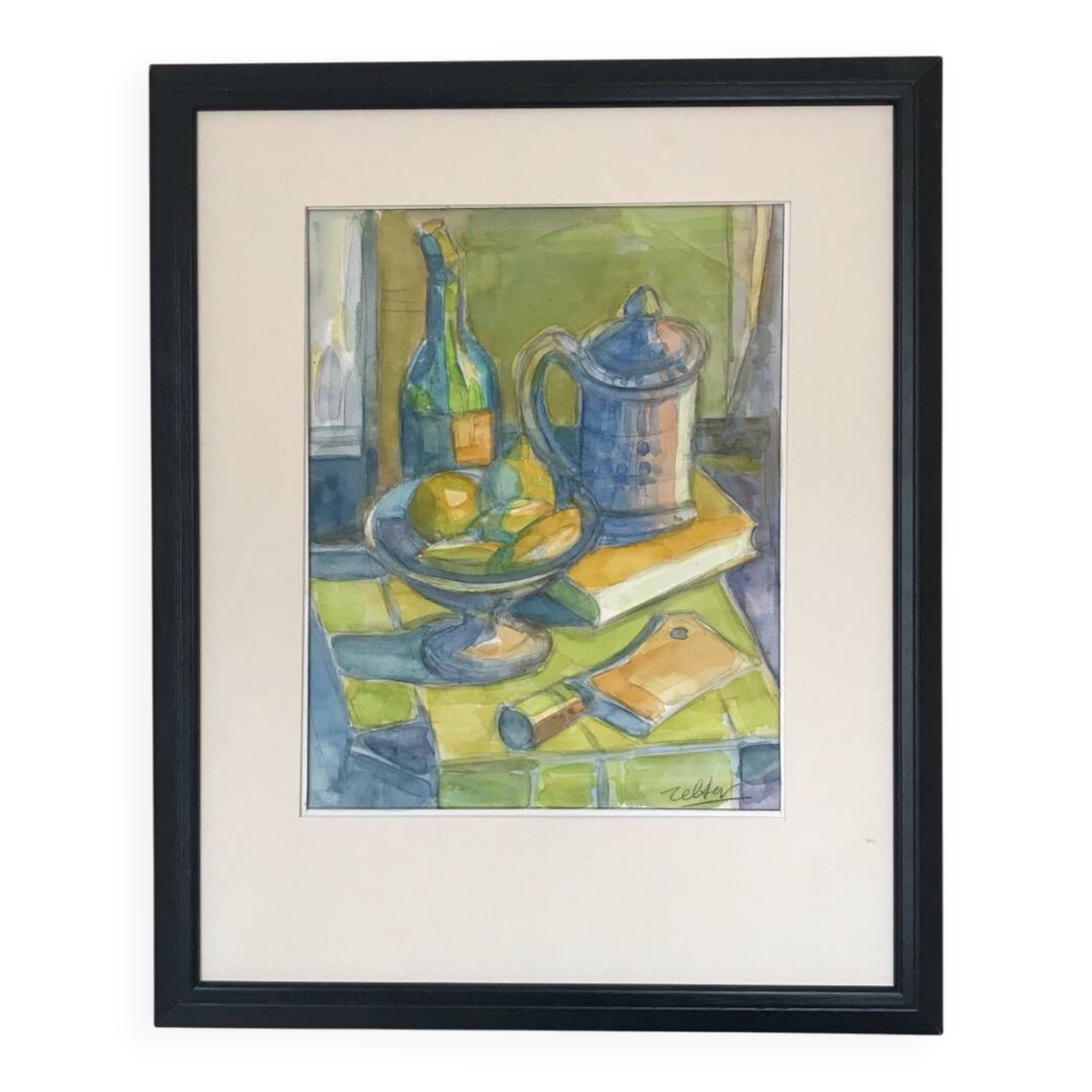 Watercolor by georges zelter, 1938-1987. still life with pitcher