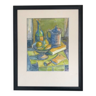 Watercolor by georges zelter, 1938-1987. still life with pitcher