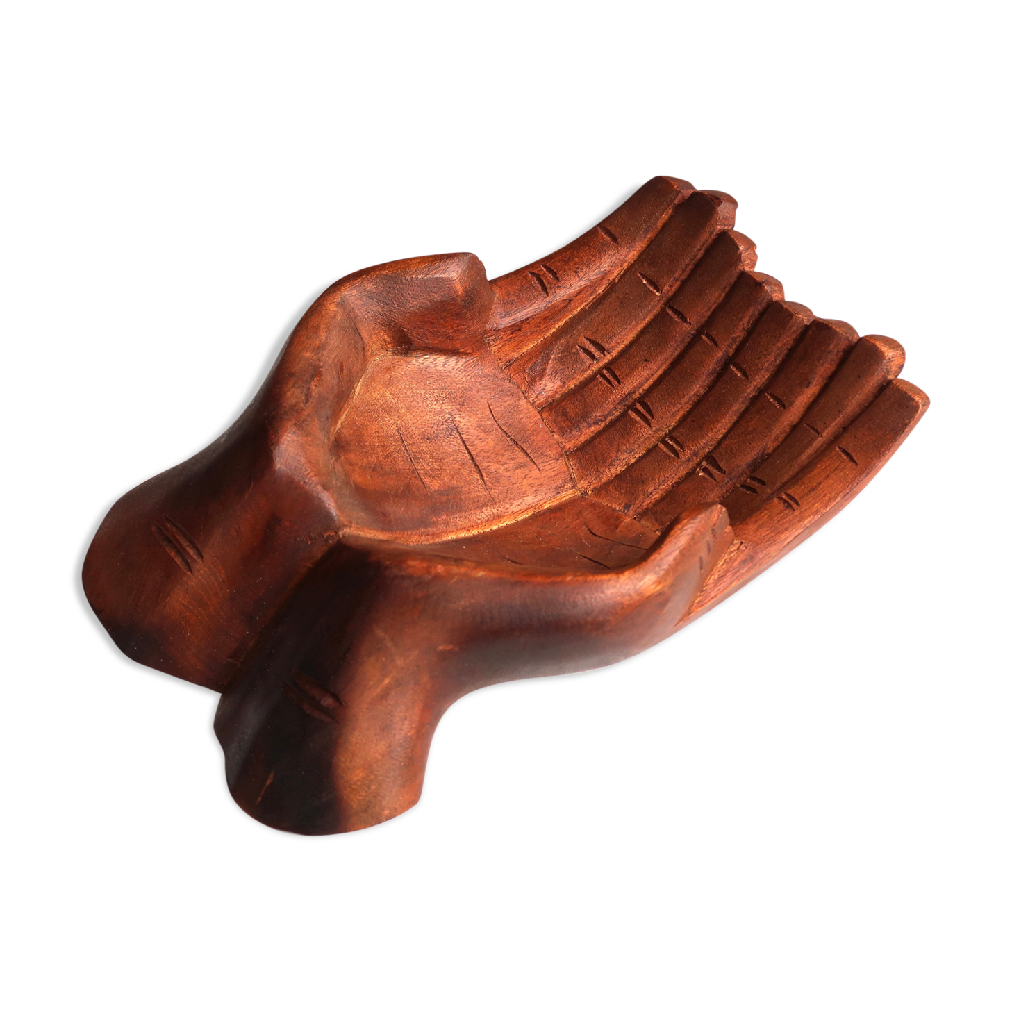 Empty pocket, hands joined in carved wood, 70s