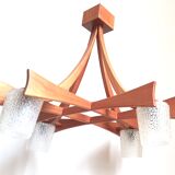 Scandinavian chandelier 4 burners Teak and tulips glass paste 60s Width 70.5 cm