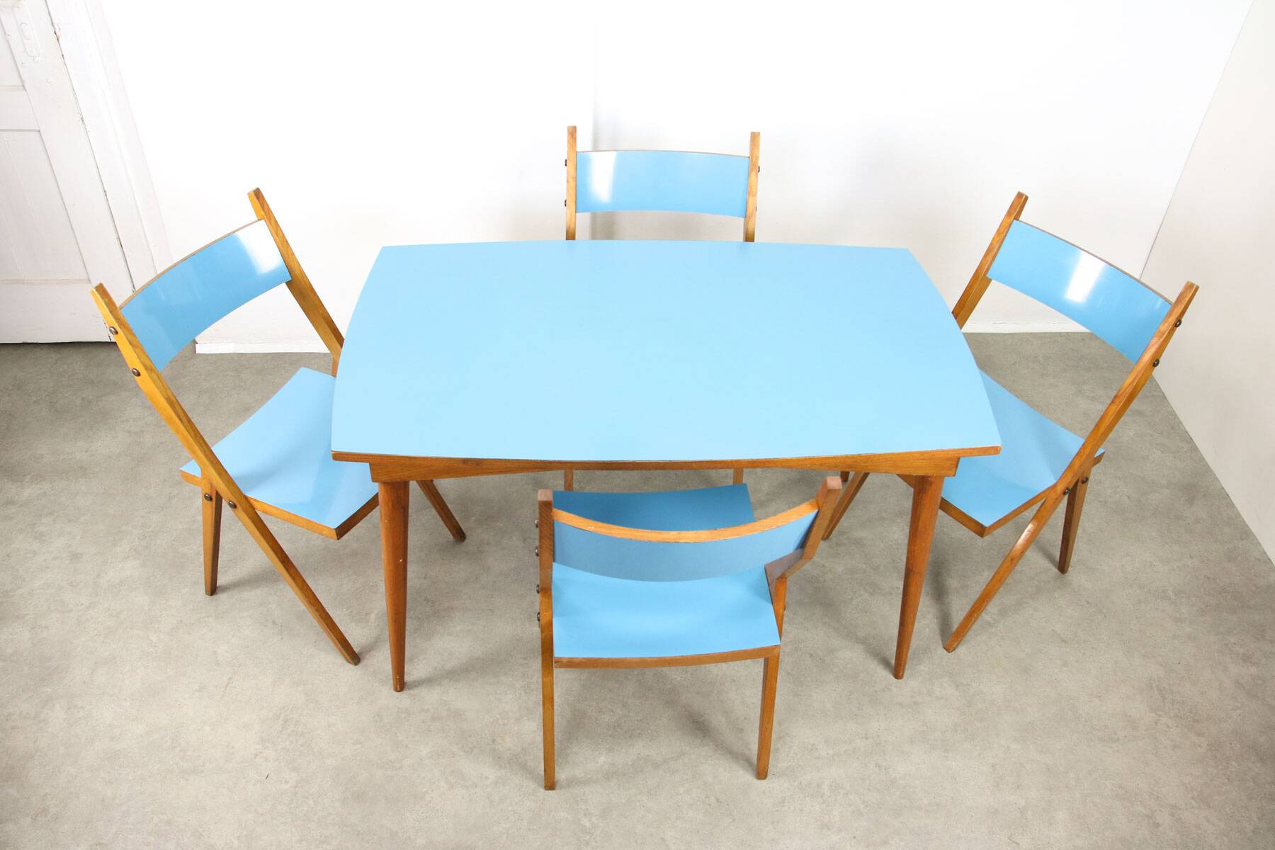 Mid-century Italian Wooden Dining Set of 5 in Blue