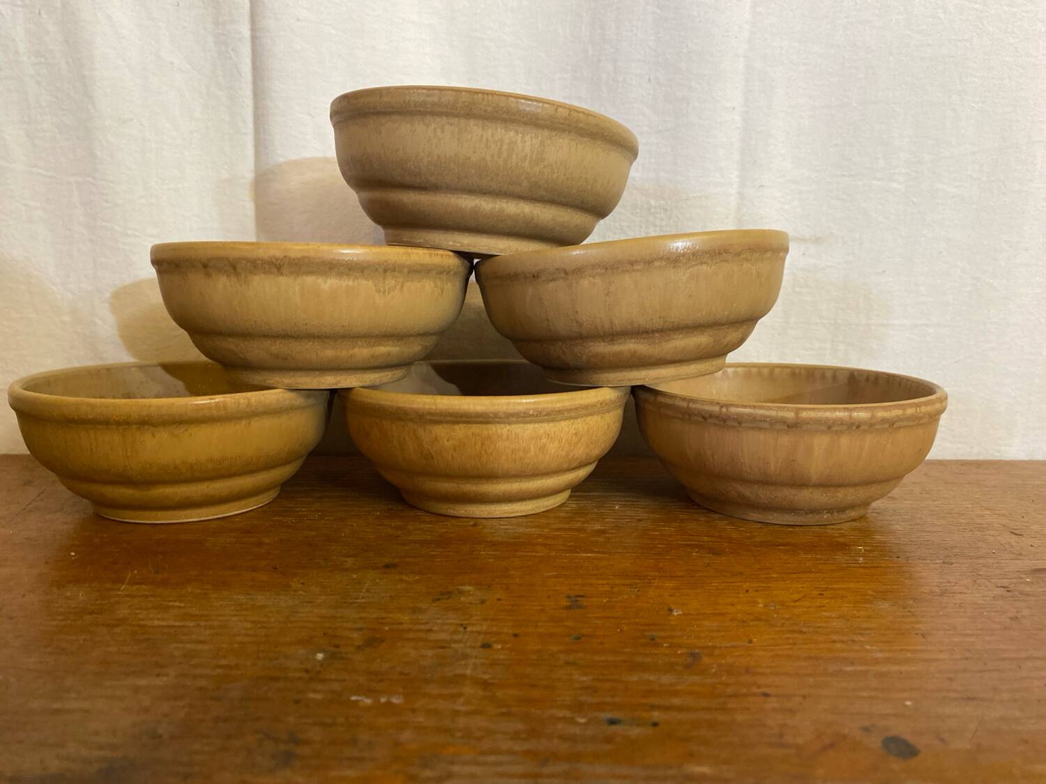 Set of 6 vintage rhodaceram ceramic bowls, beige and brown