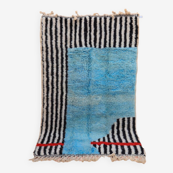 Modern striped blue Moroccan Berber rug