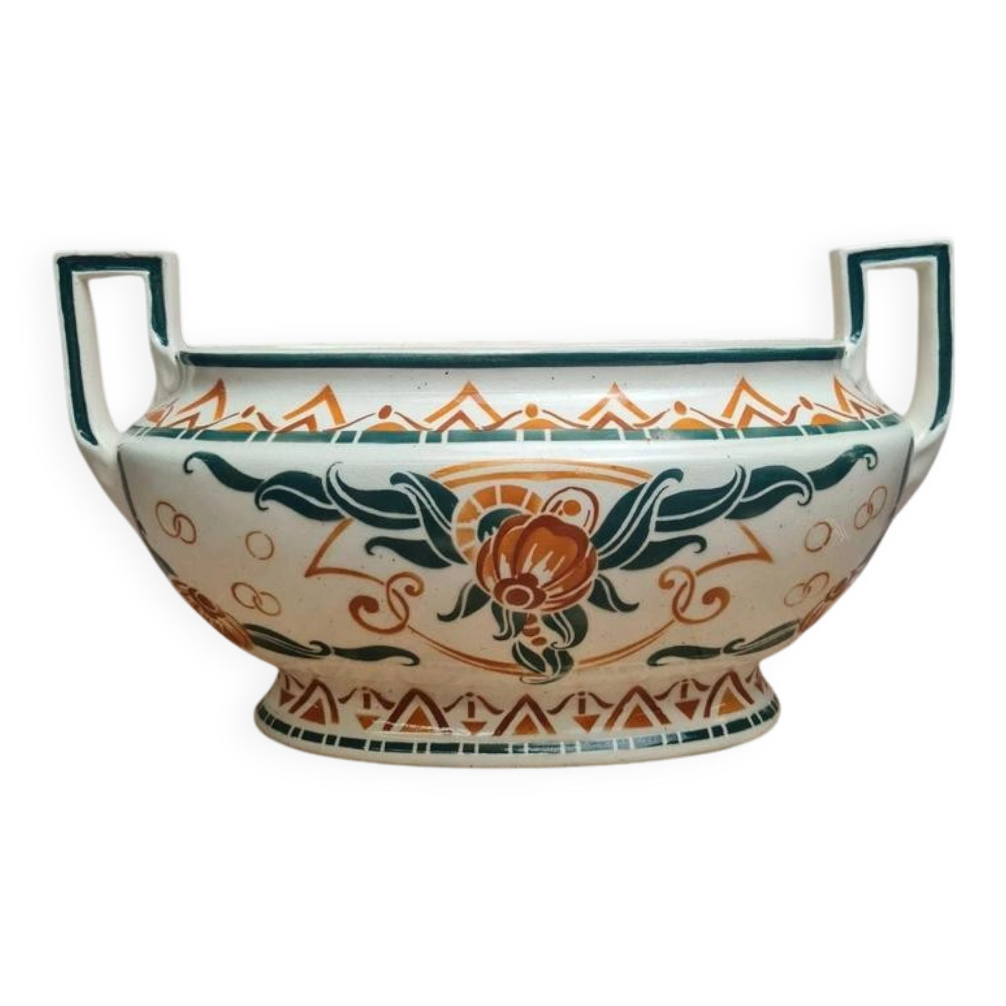 Art Deco Jardinière Moulin des Loups Orchies – stylised green & terracotta decoration – double handle