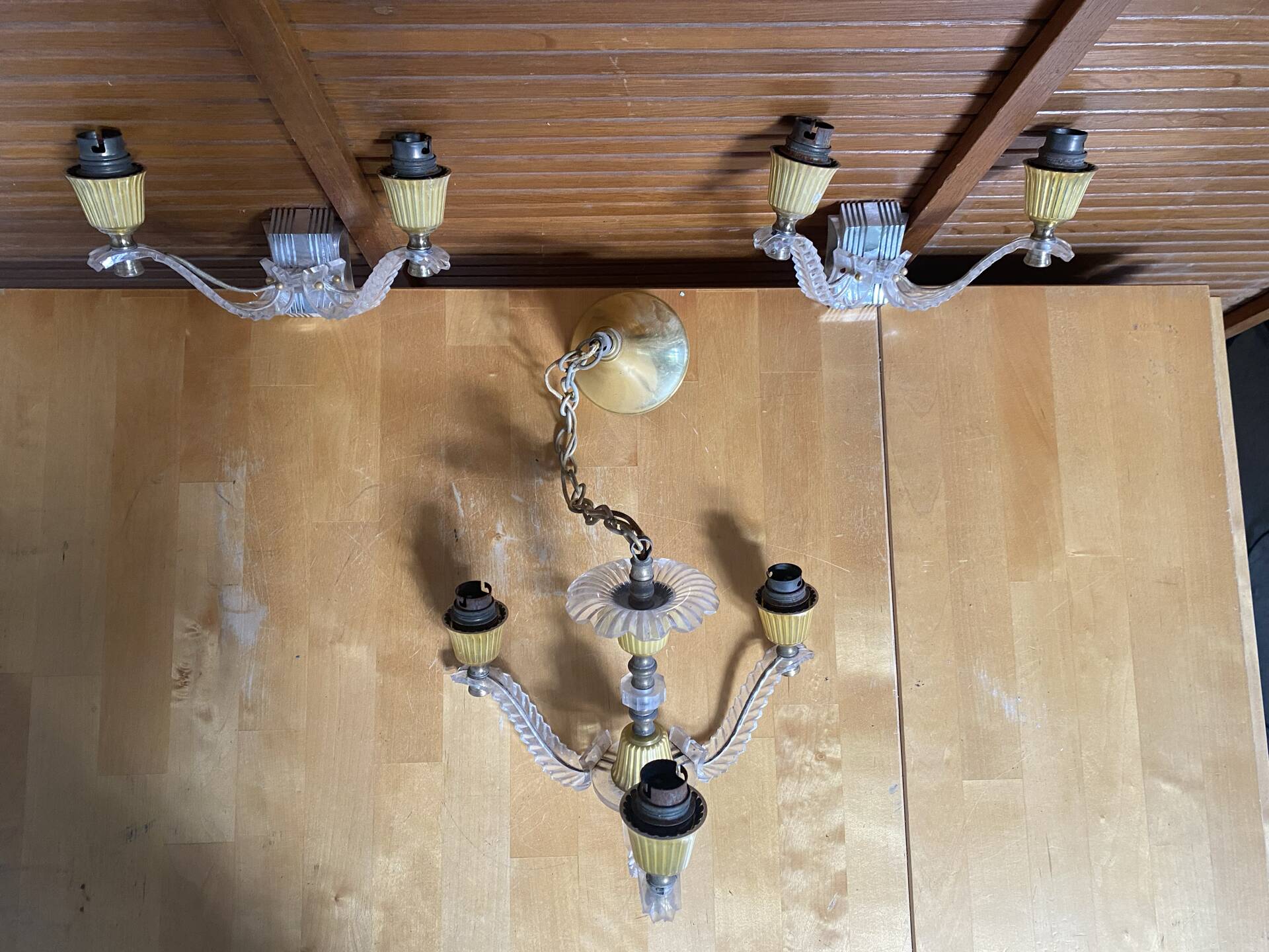 Chandelier + pair of wall lights in the old style jules leleu gilded + perspex plexi