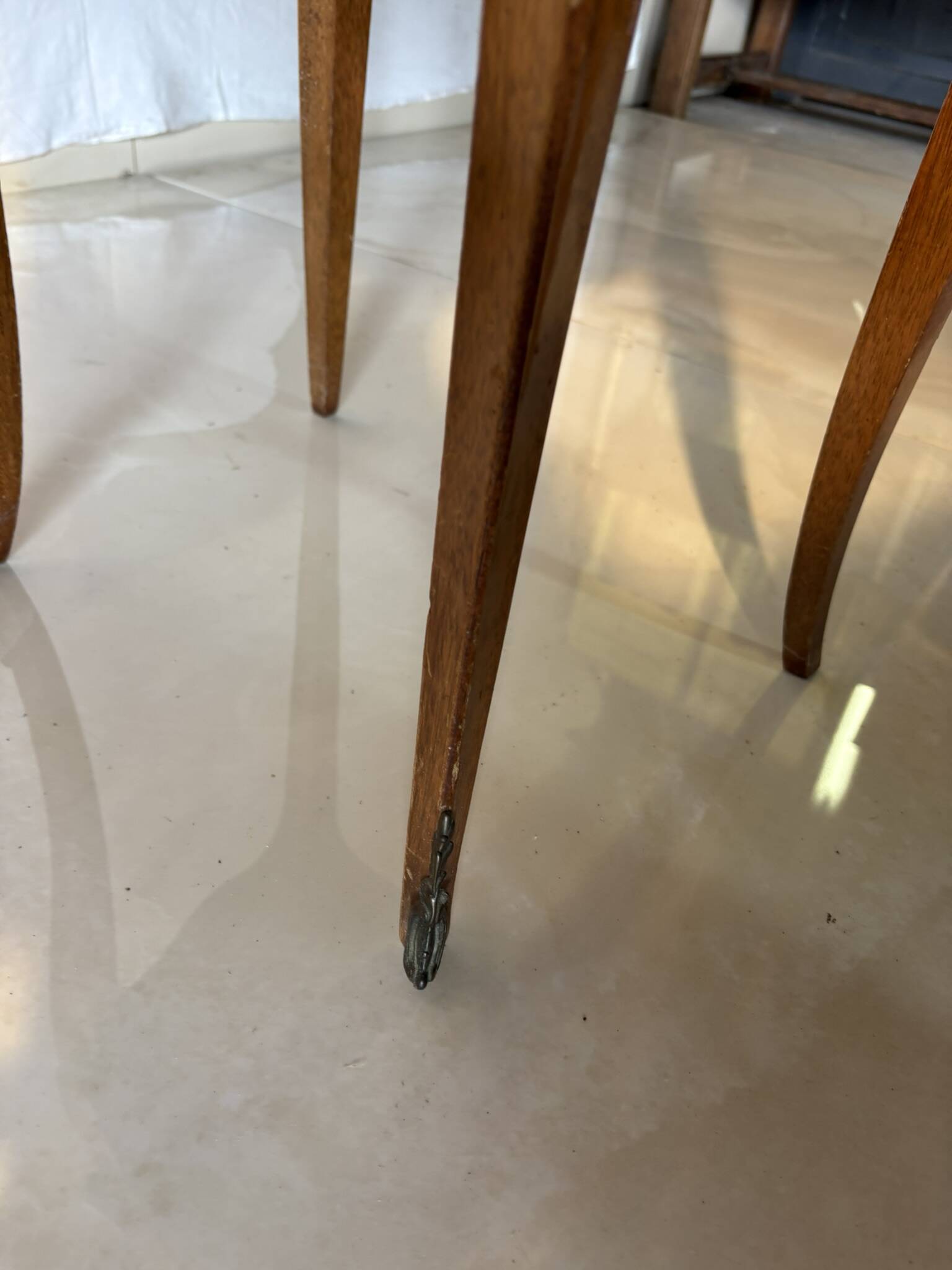 Small curved Louis XV style piece of furniture – marquetry and marble top