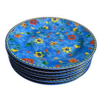 6 assiettes  plates vintage bleu/fleurs 19,5cm