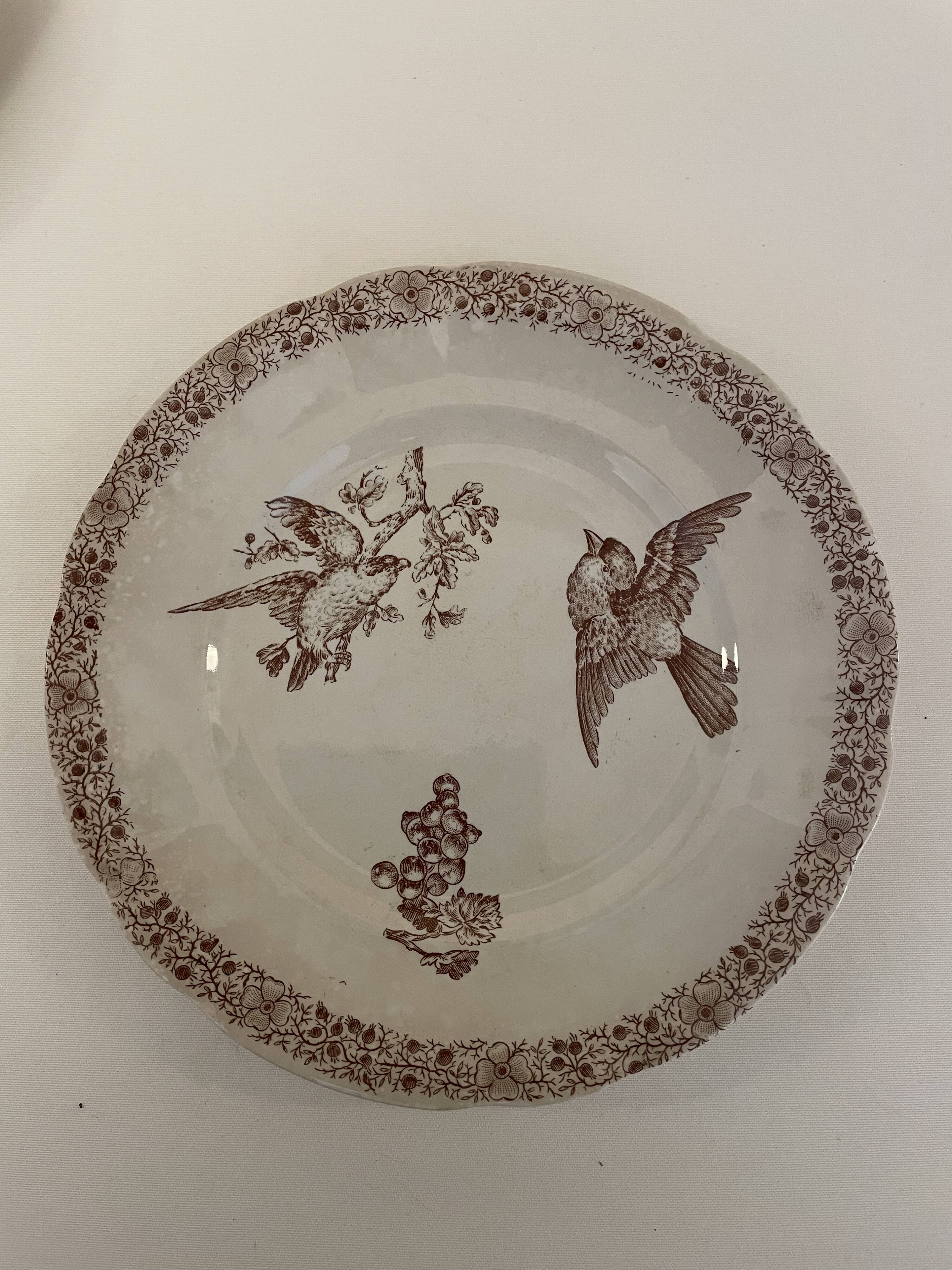 5 Assiettes faïence de Pexonne 19 ème siècle -Décor oiseaux insectes fleurs