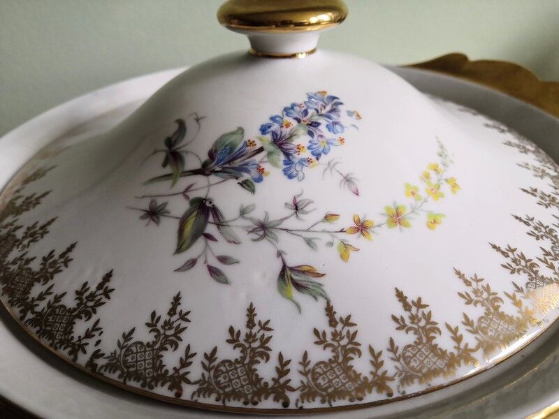 Limoges porcelain soup tureen Mehun sur Yevre Cher flower and gold decoration