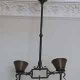 Brutalist wrought iron and copper 2-arm chandelier, 1960s