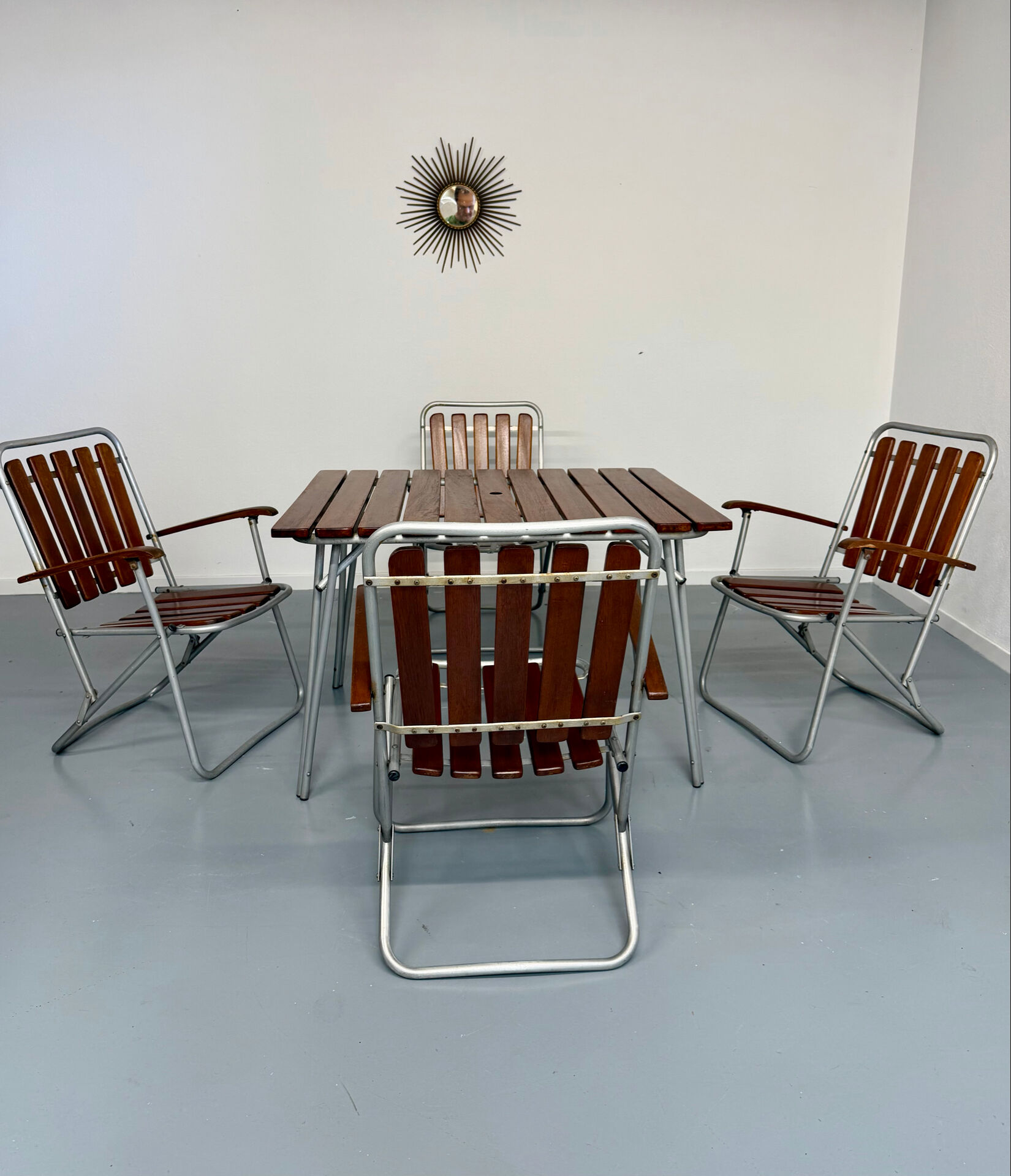 Vintage folding garden set table 4 chairs wood and metal 1960