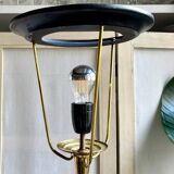 Lampadaire tripode en métal noir et doré et opaline blanche