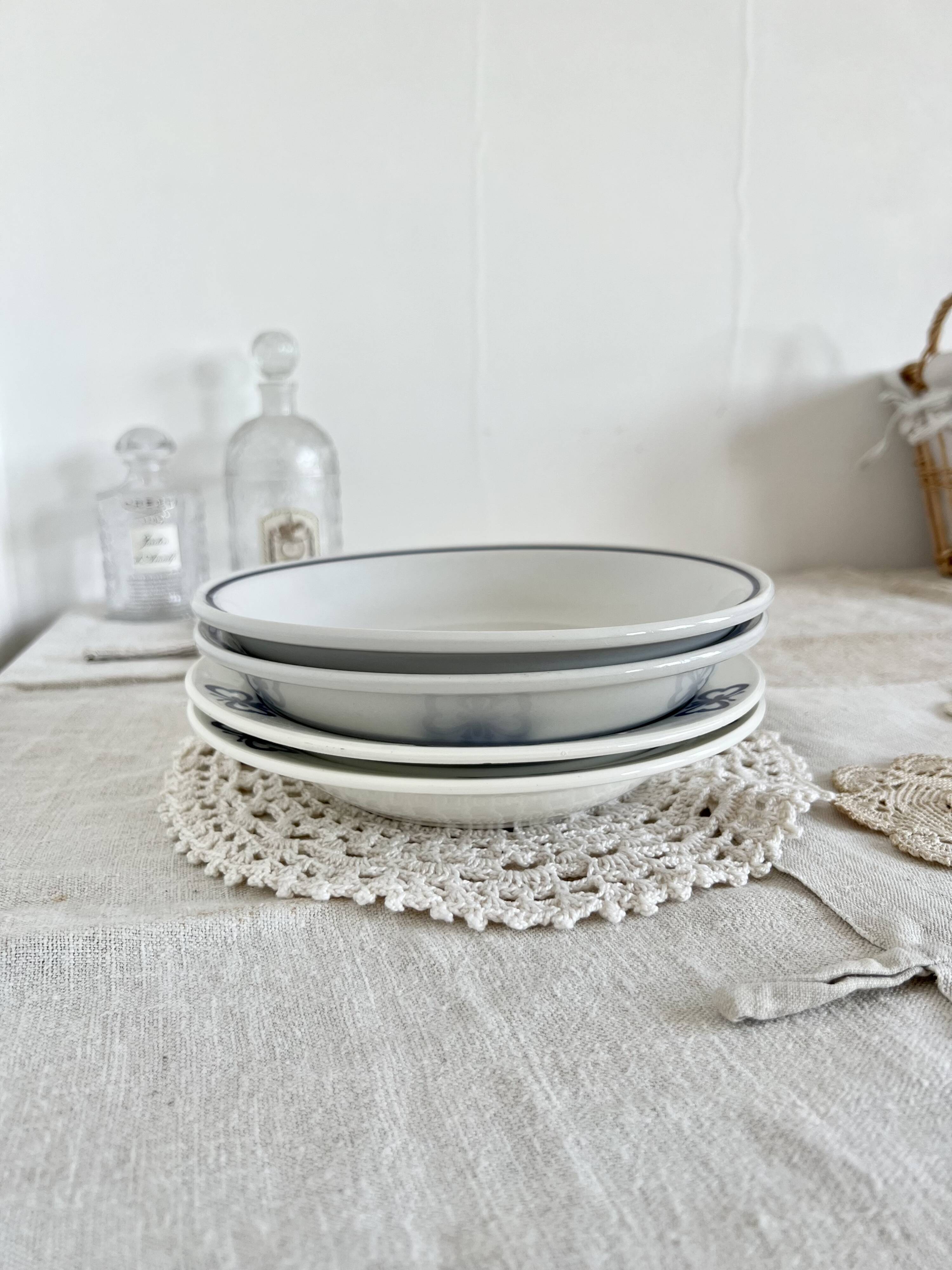 4 vintage mismatched deep plates blue white porcelain bistro butterflies