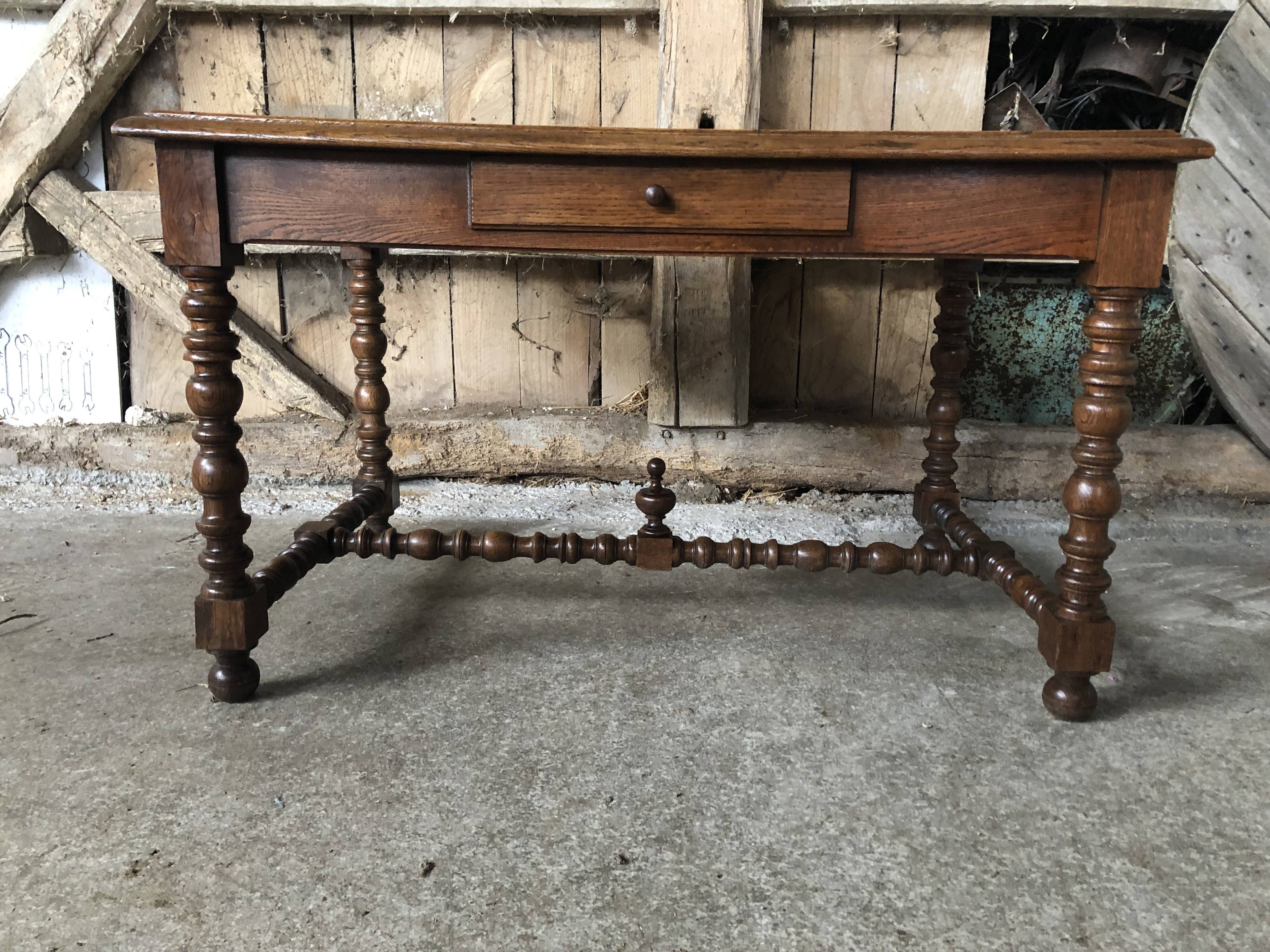 Old desk style henri ii table + drawer wood turned vintage