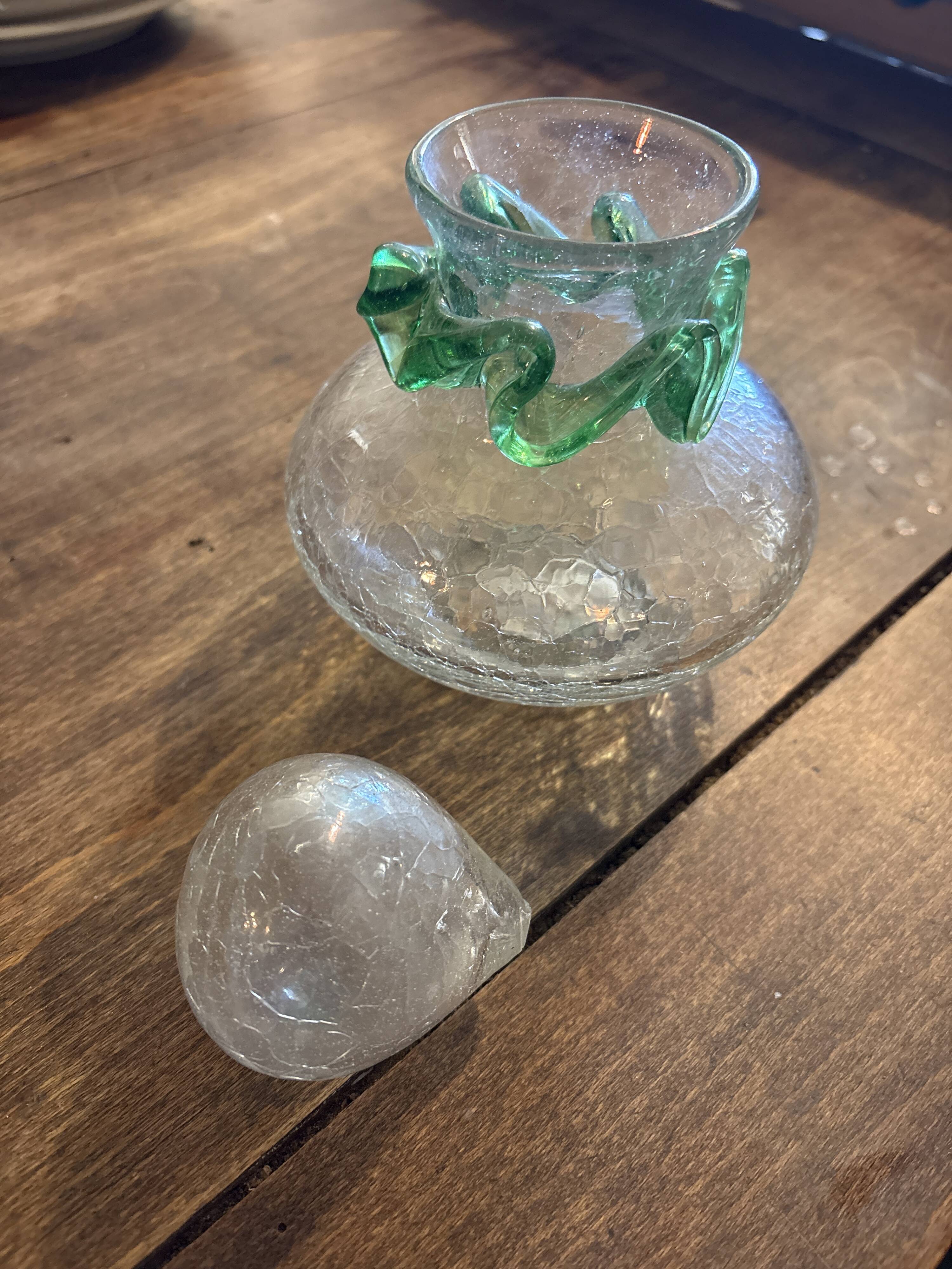 Vintage cracked glass carafe with green collar MCM – 1950s