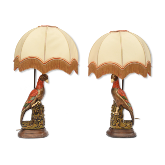 Pair of ceramic parrot lamps