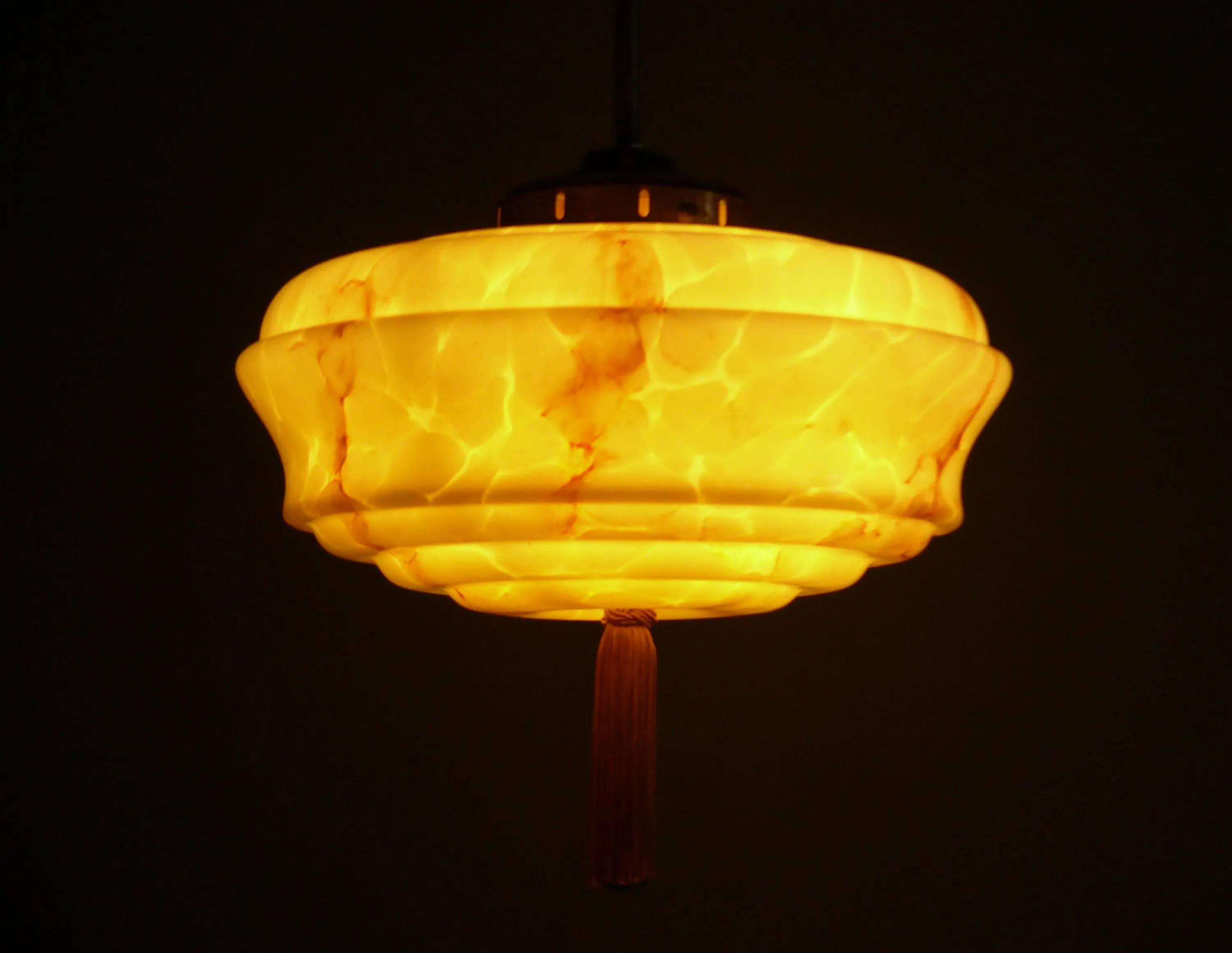 Art Deco rod pendant lamp with marbled glass shade, Germany 1930s