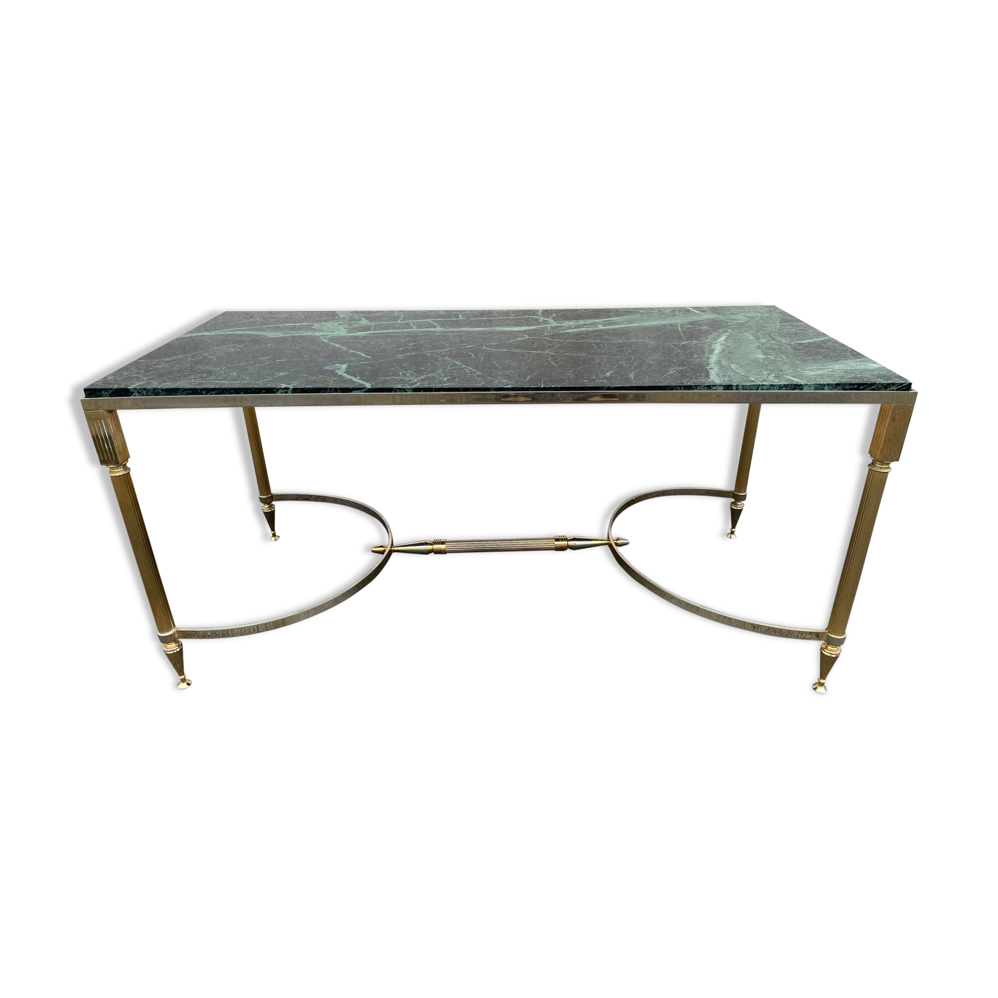 Coffee table in gilded brass and veined green marble