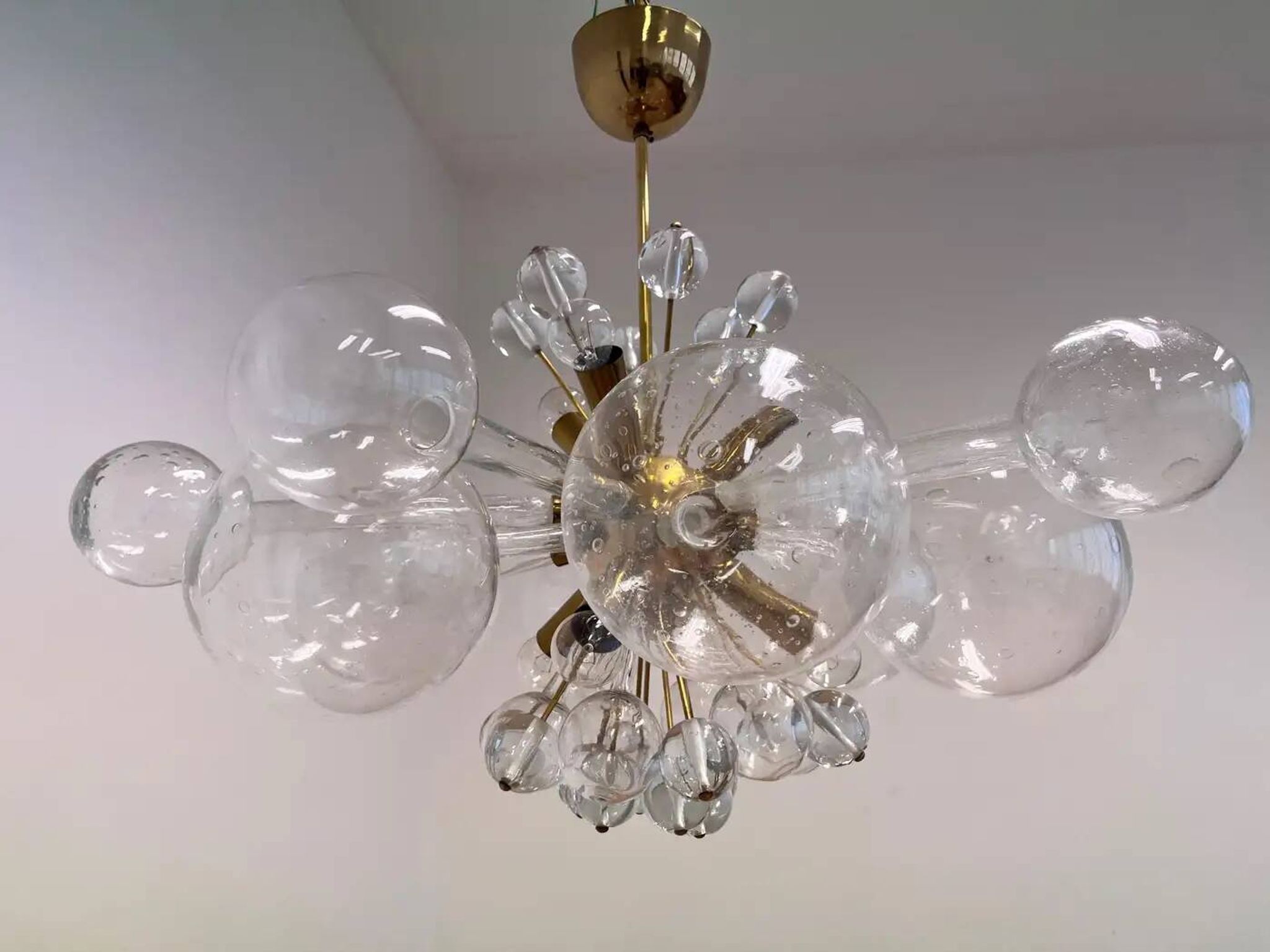 Design art glass and brass chandelier by Rene Roubicek, Czechoslovakia, 1960s