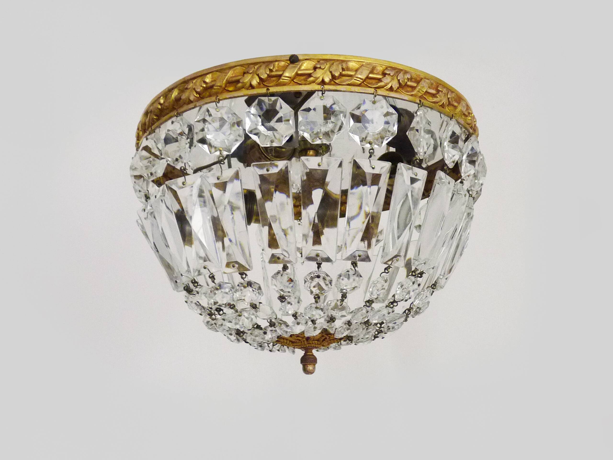 Old crown ceiling light with 3 lights, half basket with glass pendants.
