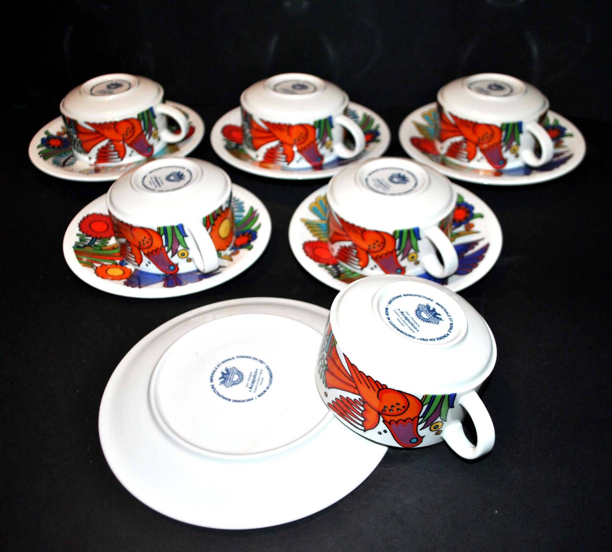 Lot 6 colorful bird cups acapulco by villeroy-boch vintage 1960-1970