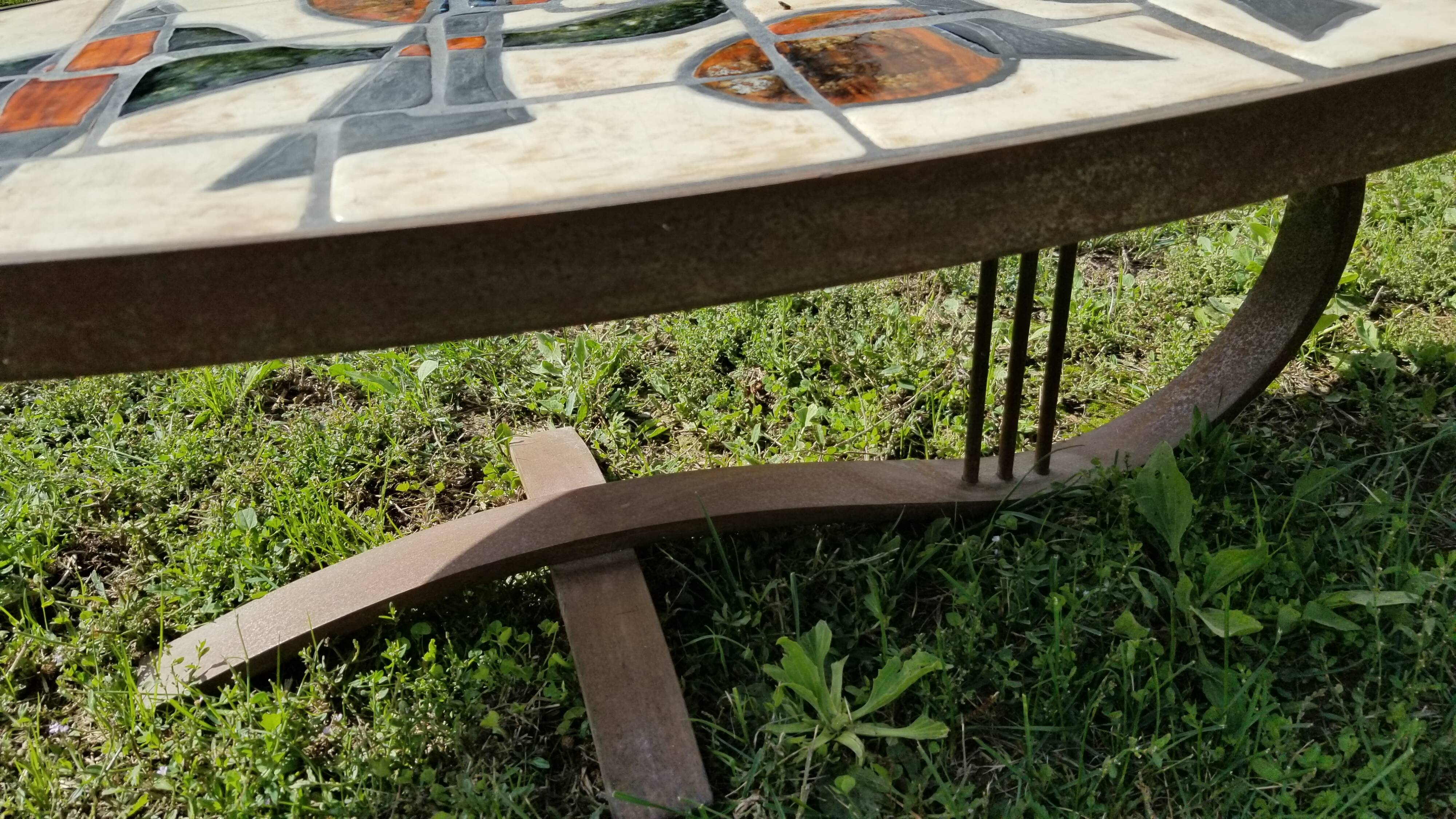 Oval coffee table ceramic wrought iron vintage