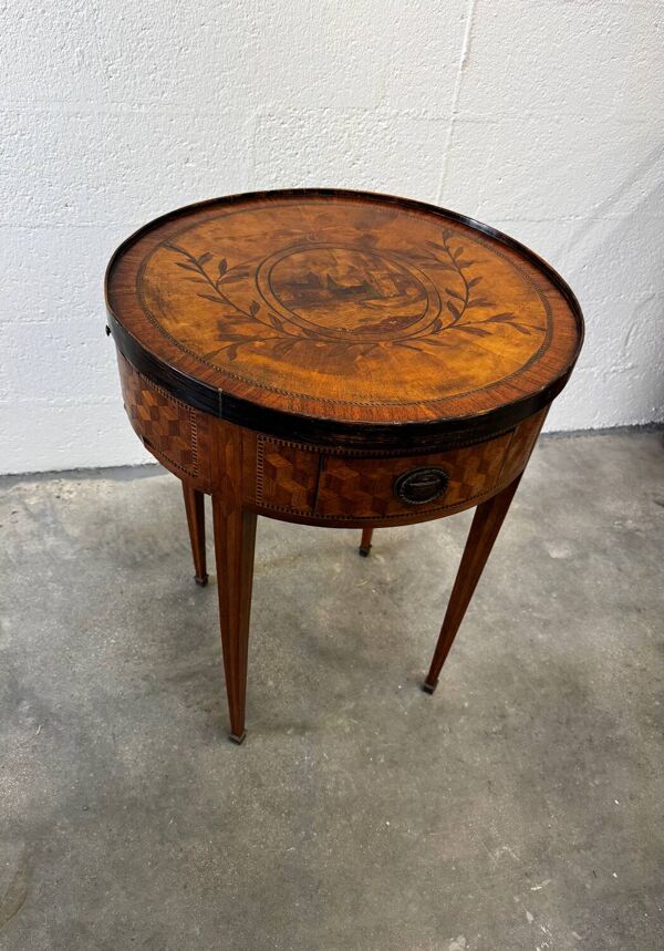Table bouillotte/table jeu de Style Louis XVI en marqueterie vers 1900