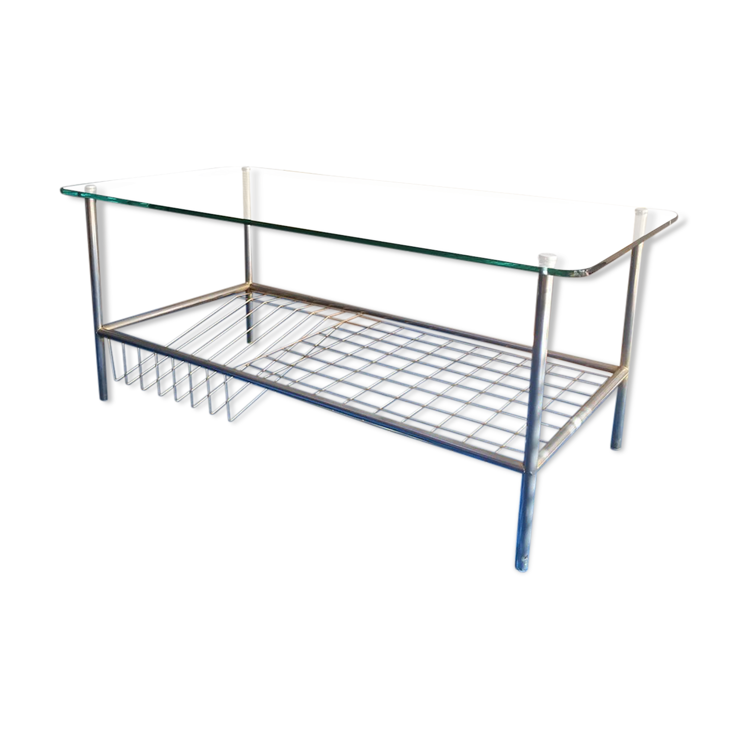 Glass coffee table with gold metal magazine holder