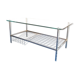 Glass coffee table with gold metal magazine holder