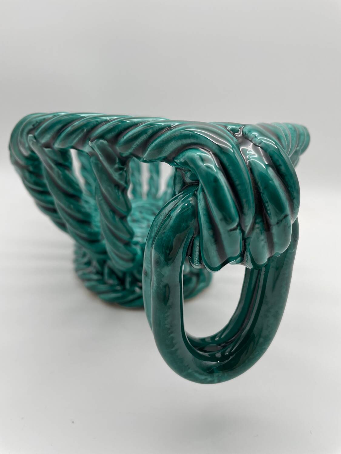 Vintage fruit basket in green enamelled woven earthenware