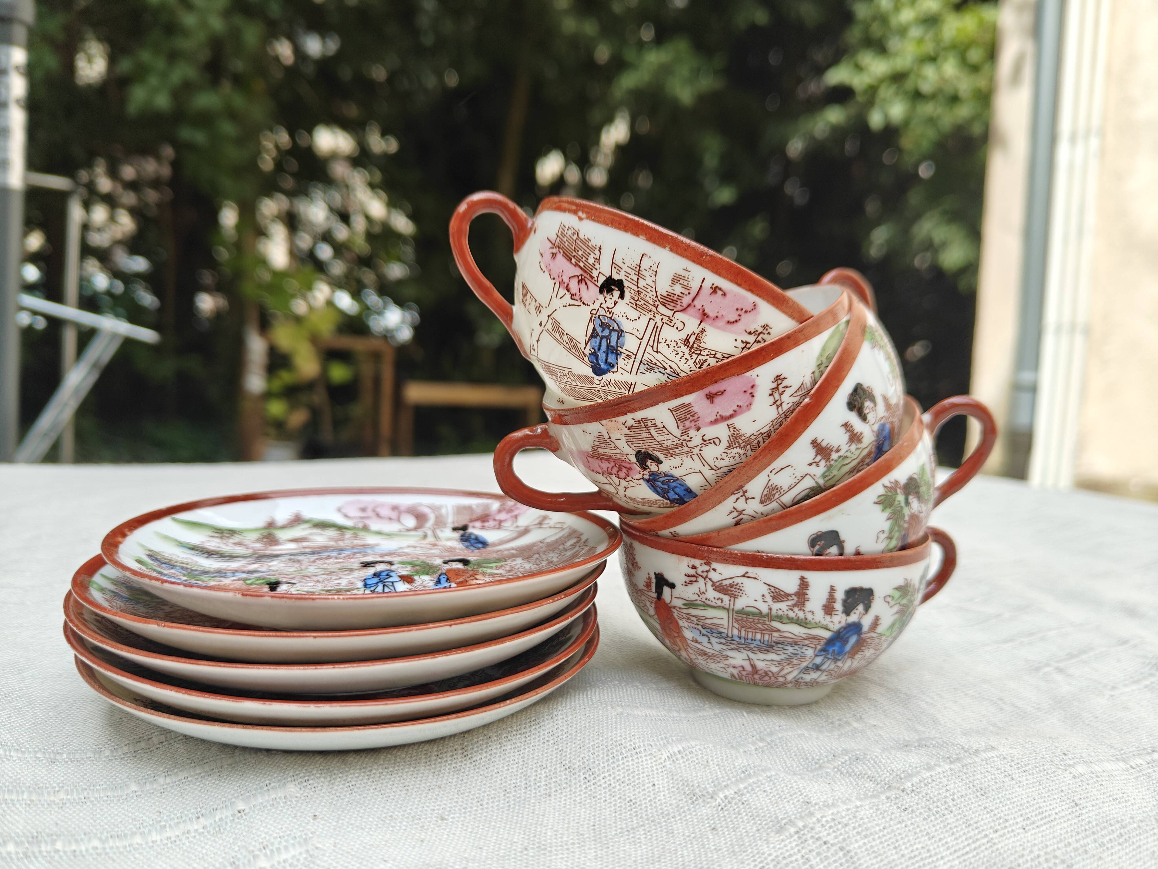 Vintage Japanese tea/coffee service, egg shell porcelain & enamels for 5 people.