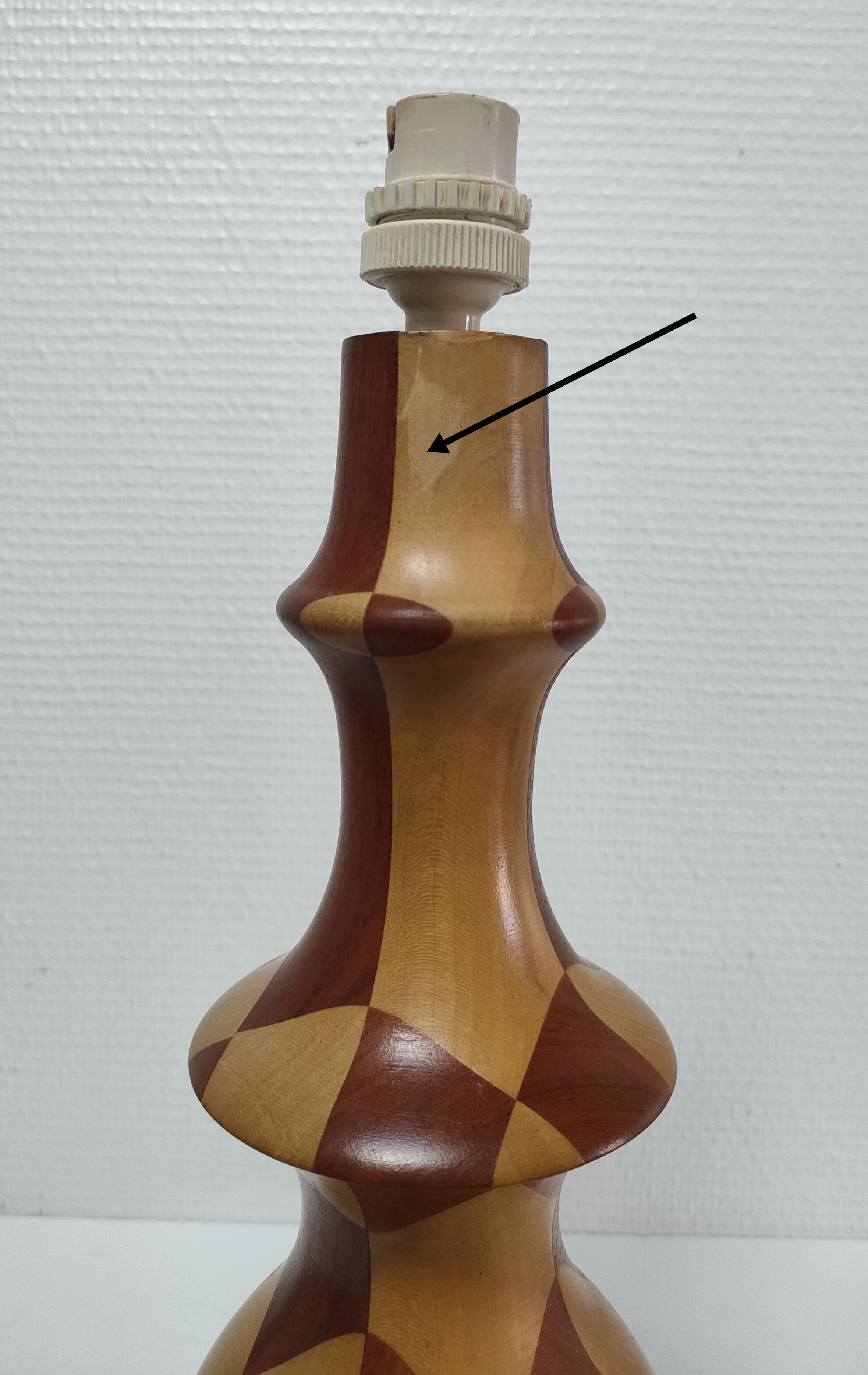 Turned wooden lamp and vintage wood inlay