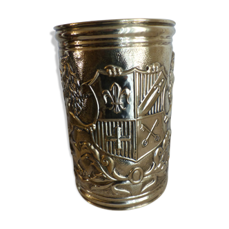 Polished brass paper basket with coat of arms