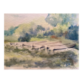 Watercolor representing a boat view of Lake Aiguebelette (Savoie)