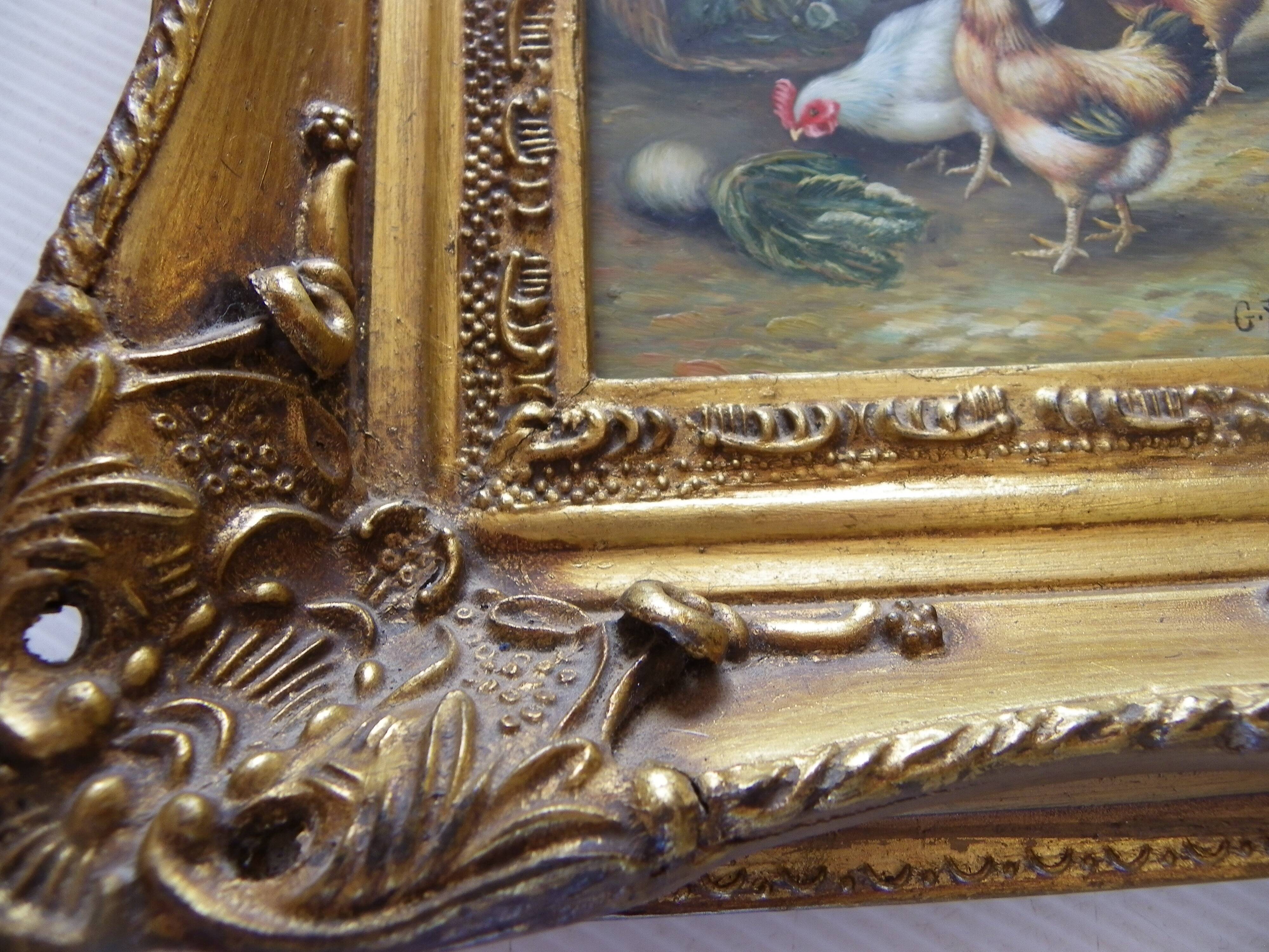 Oil painting on vintage panel framed in ornate gold frame, farmyard.