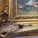 Oil painting on vintage panel framed in ornate gold frame, farmyard.