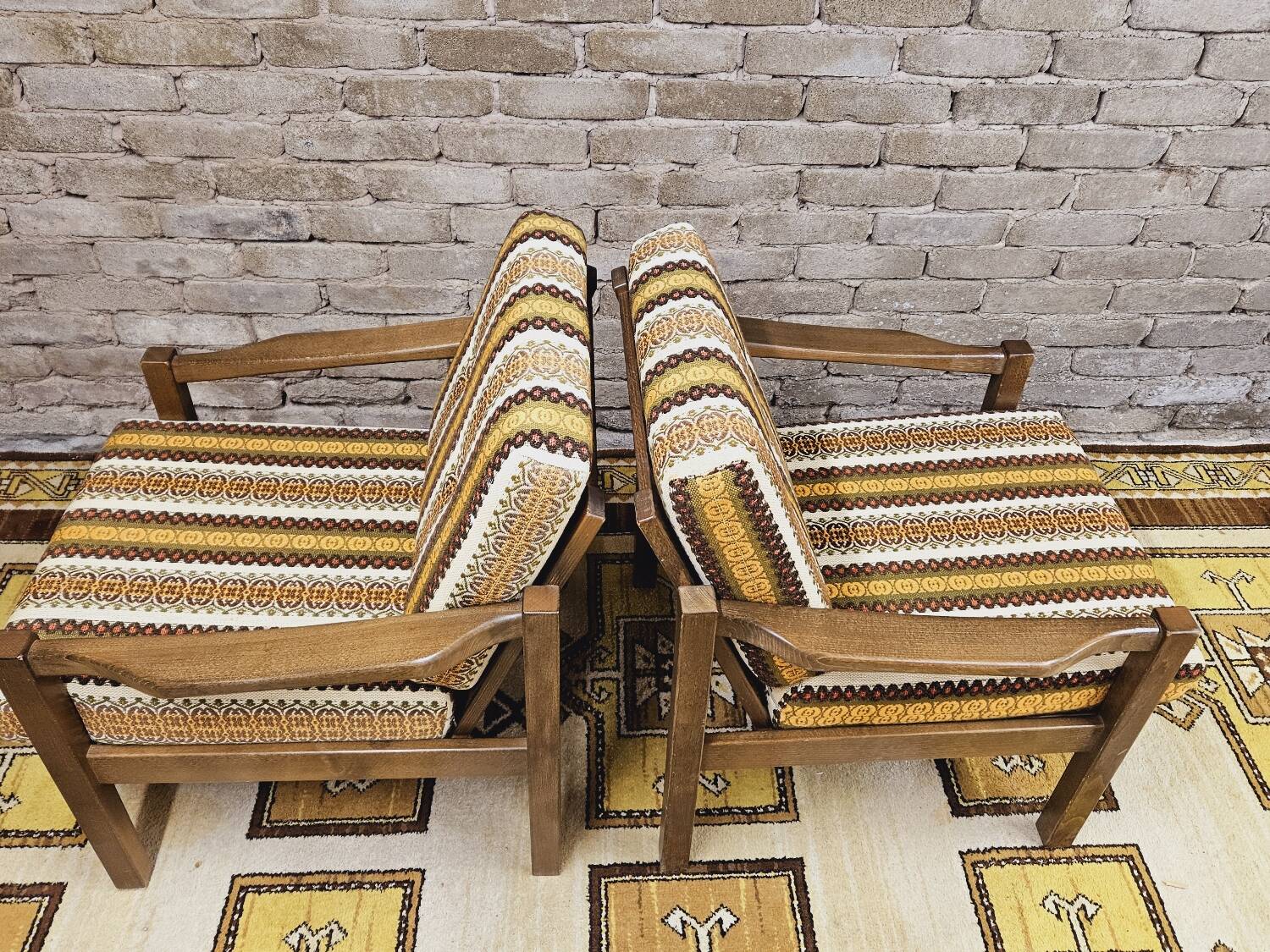 Pair of vintage Scandinavian armchairs with 2 Ottoman stools 1970