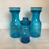 Trio of blue glass candy jars from the 70s
