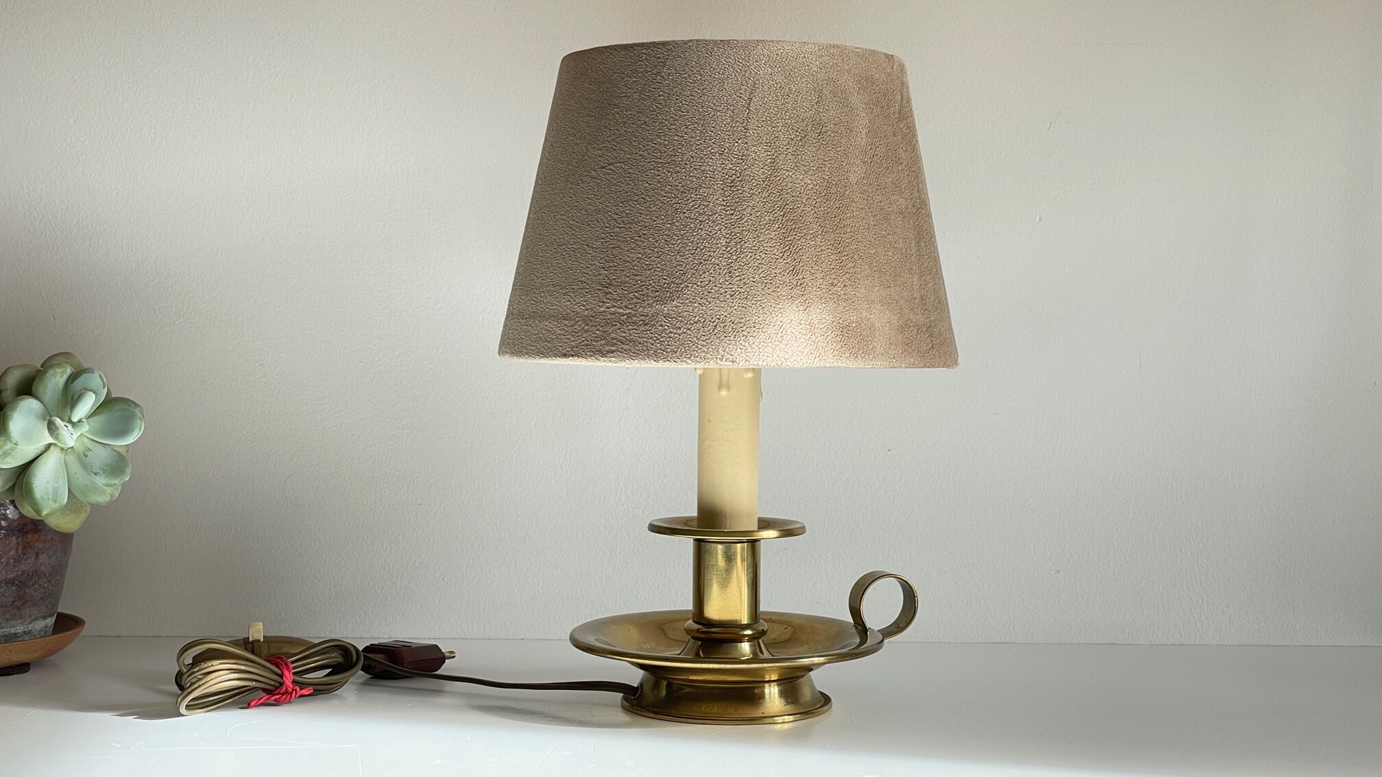 Solid brass and velvet candle holder lamp