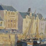Painting by Louis Gauffriaud - Fishing boat in the port of Concarneau (Brittany) 1932