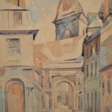 French school 20th century "the old village and its church" watercolor, circa 1935