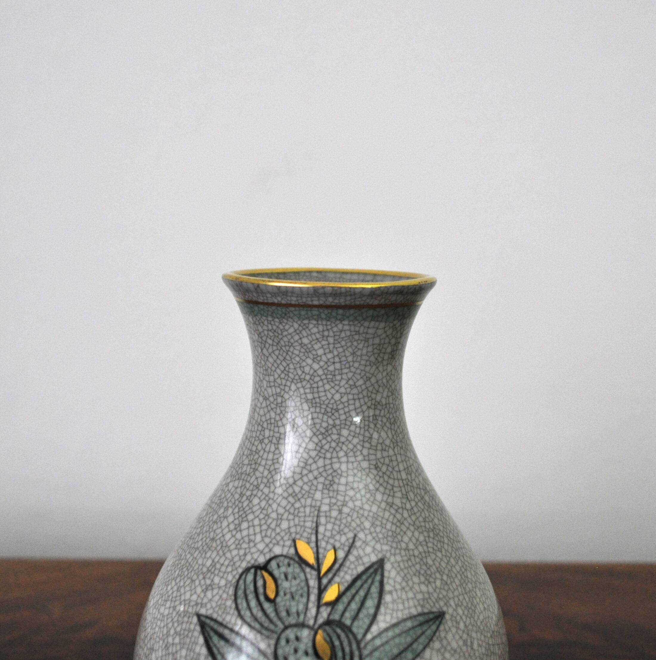 Craquele glaze porcelain Vase, gold and green on grey, Lyngby Porcelain, 1930s