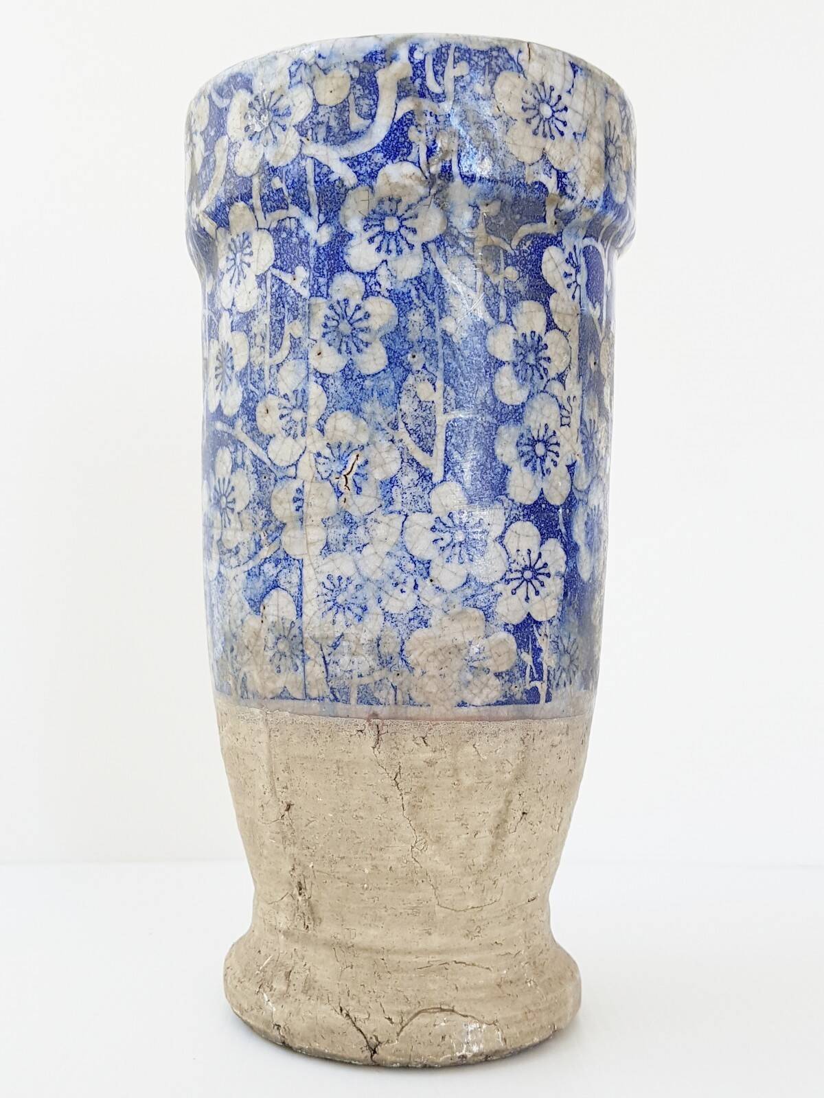 Magnifique vase tres ancien ceramique terre cuite fleurs bleues & blanches