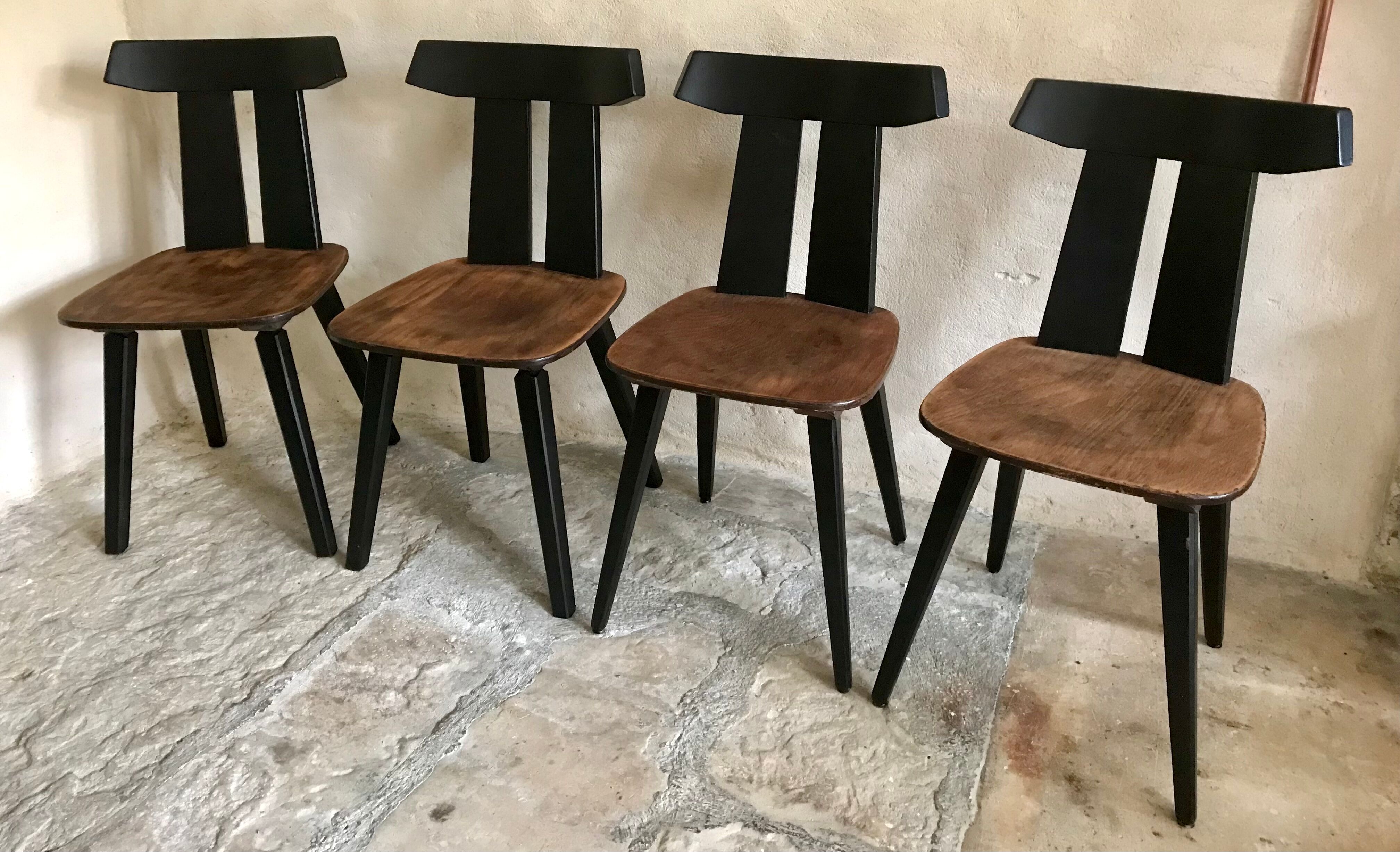 Set of 4 vintage brutalist chairs in beech 1960's
