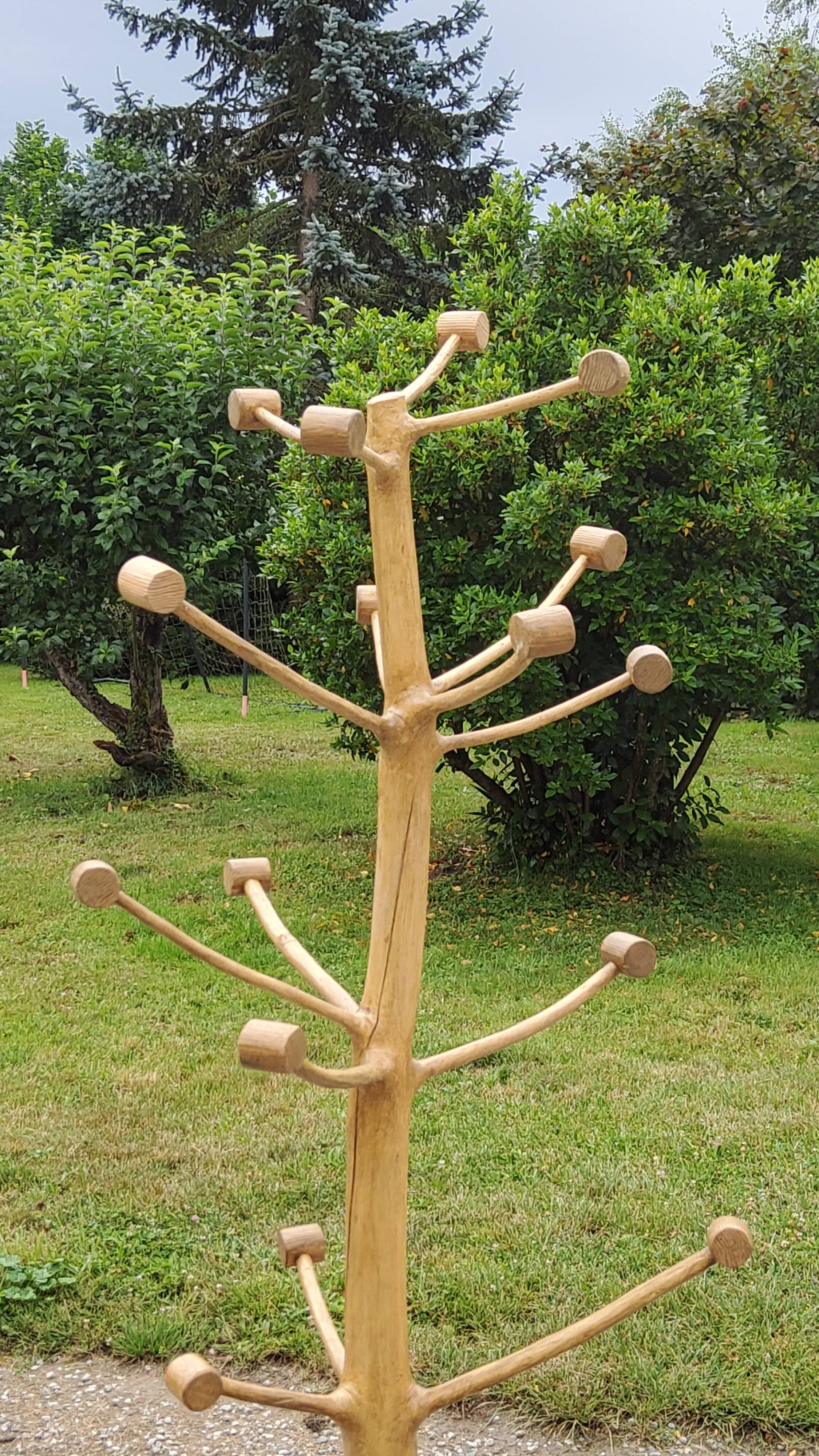 Brutalist coat rack on boxwood stand