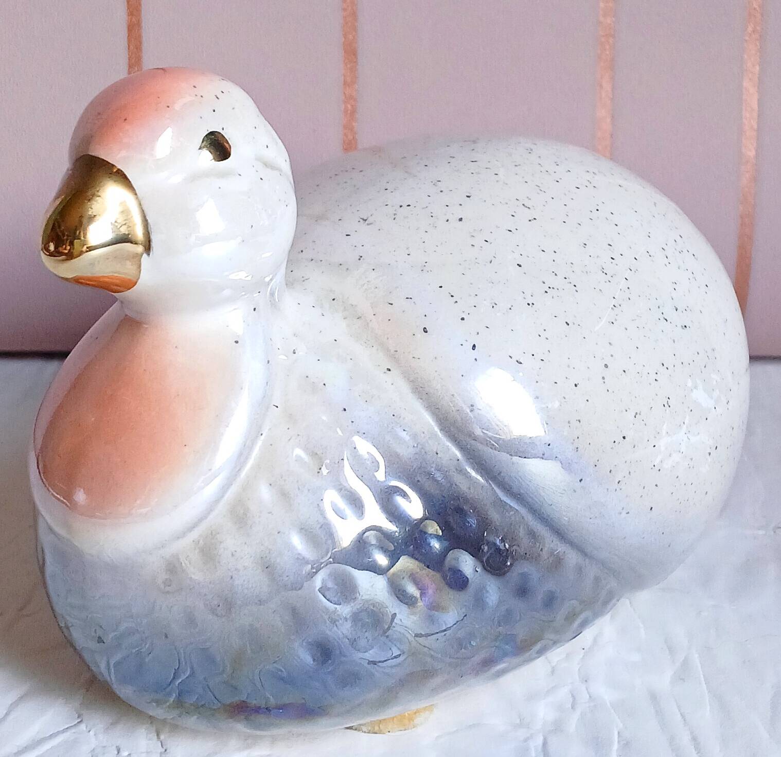 Pearlescent and iridescent ceramic guinea fowl bird