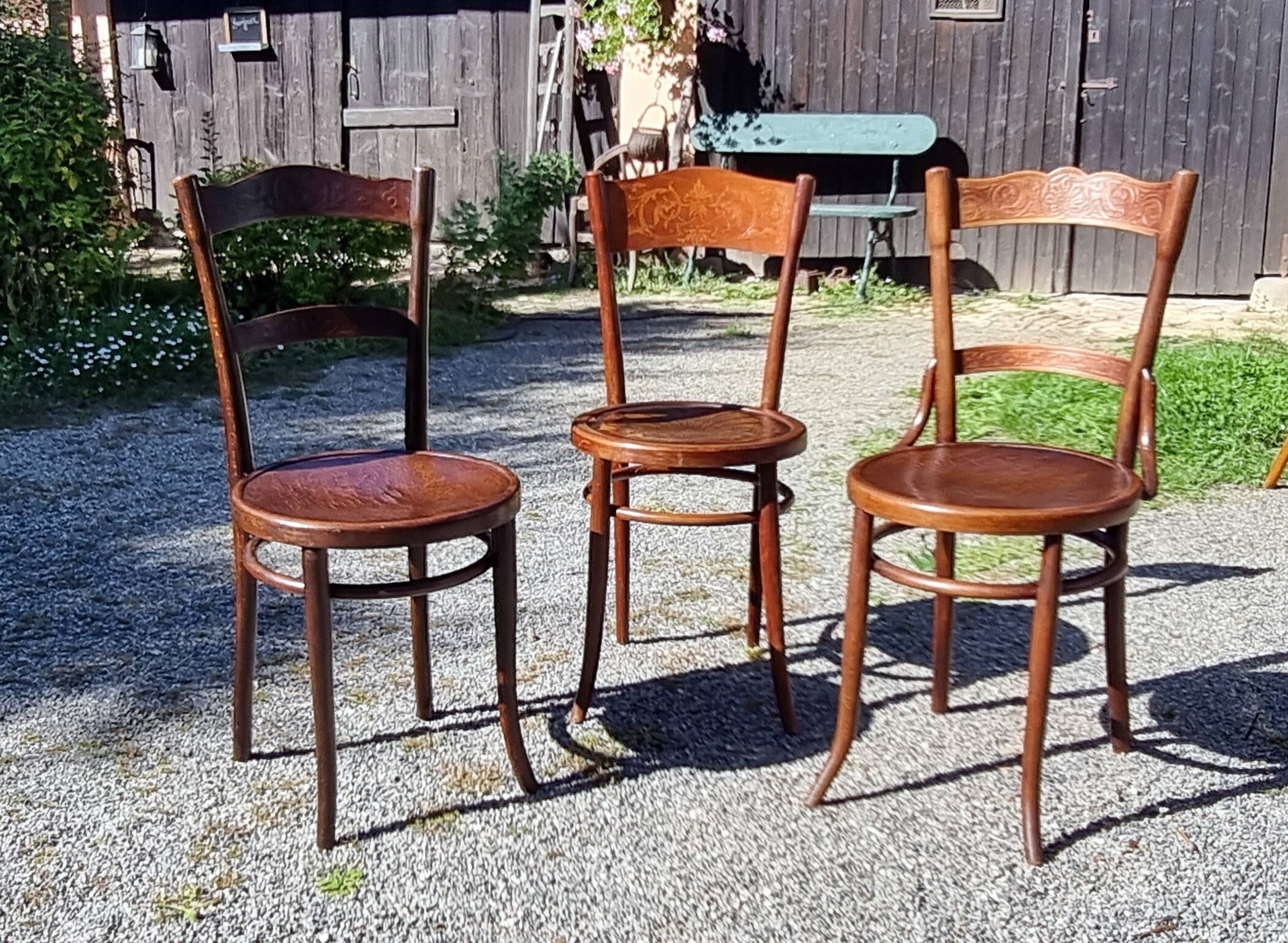 6 Thonet Fischel bistro chairs and others in curved wood from the early 20th century