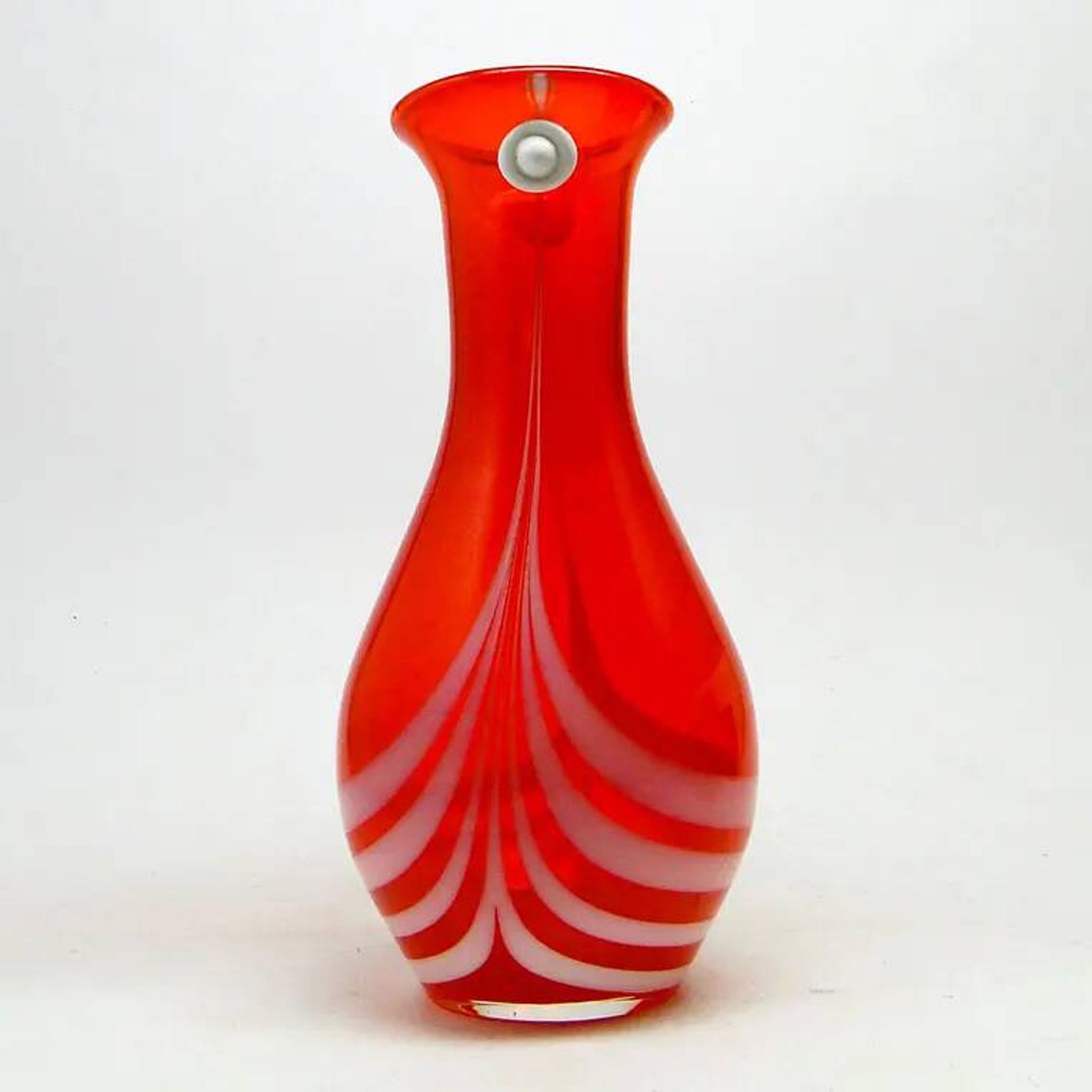 Vase with eyelet, mid-century modern, red glass, designed by L. Fiedorowicz, Poland, 1970s