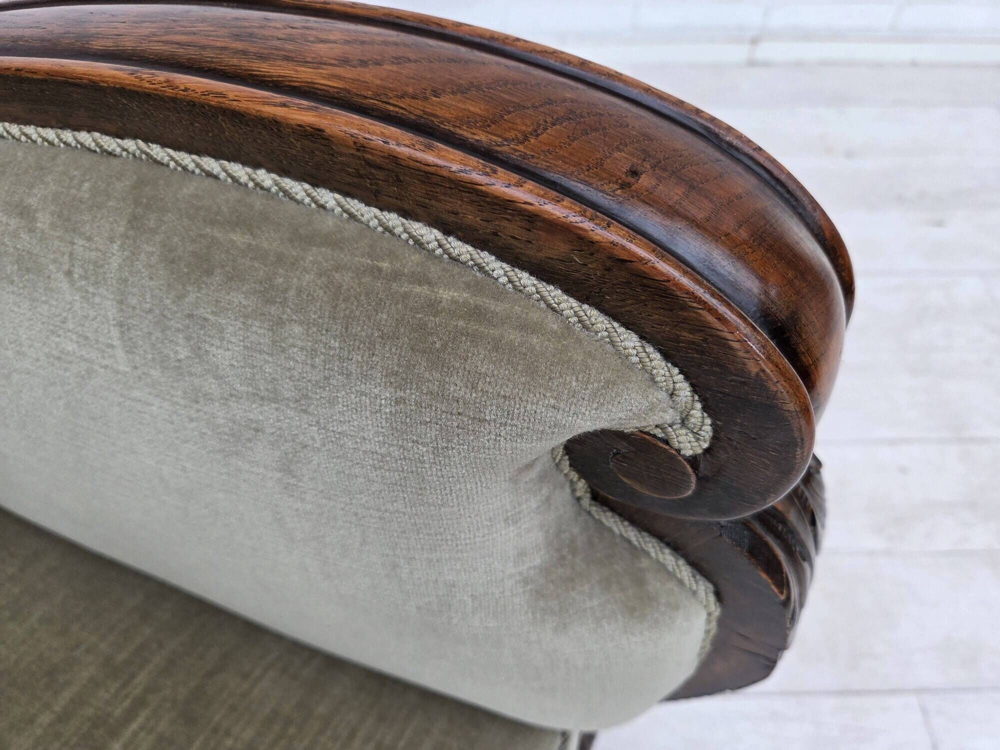 1950s, Danish relax armchair, furniture velour, carved oak wood.
